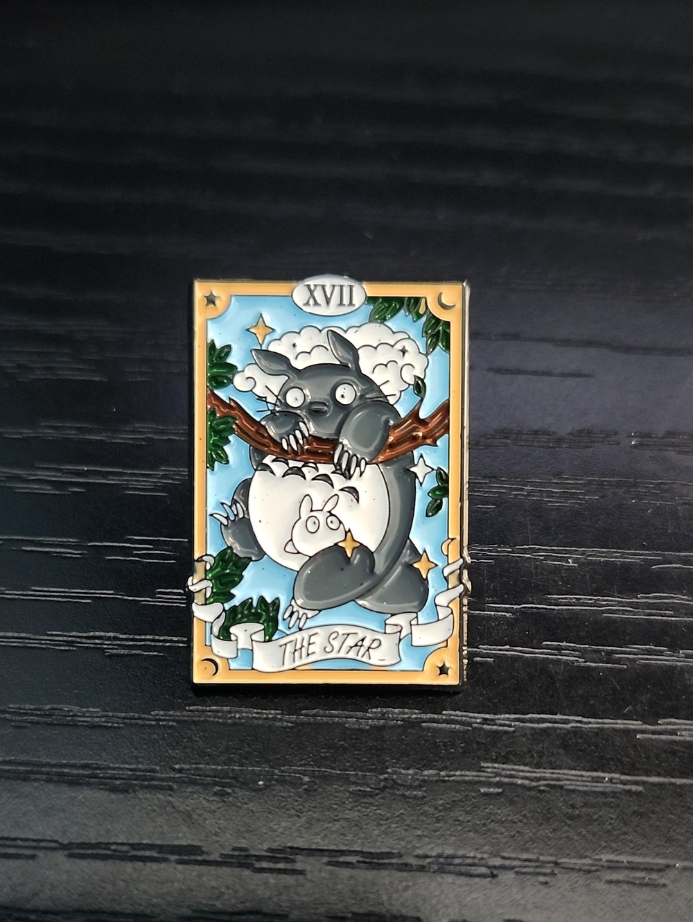 Studio Ghibli-inspired "The Star" tarot card enamel pin featuring Totoro